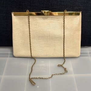 Cream Textured Evening Clutch with Gold Chain